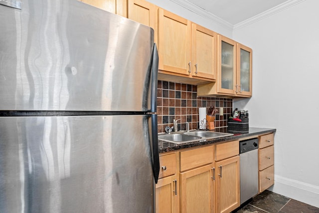 1820 1st Ave S Unit 208, Minneapolis, MN 55403 - kitchen featuring stainless steel appliances, backsplash, ornamental molding, dark countertops, and glass insert cabinets