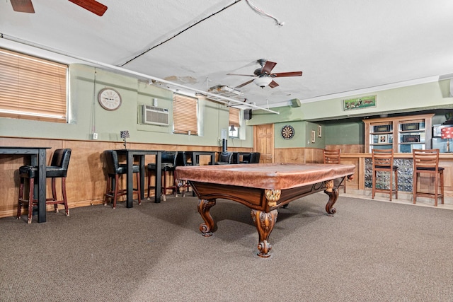 1820 1st Ave S Unit 208, Minneapolis, MN 55403 - playroom featuring a ceiling fan, carpet floors, billiards, wainscoting, and a wall unit AC