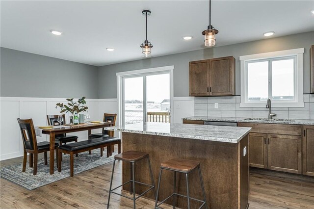 2105 Elk Run Dr SE, Pine Island, MN 55963 - kitchen featuring a center island, plenty of natural light, a wainscoted wall, dark wood-style floors, and pendant lighting