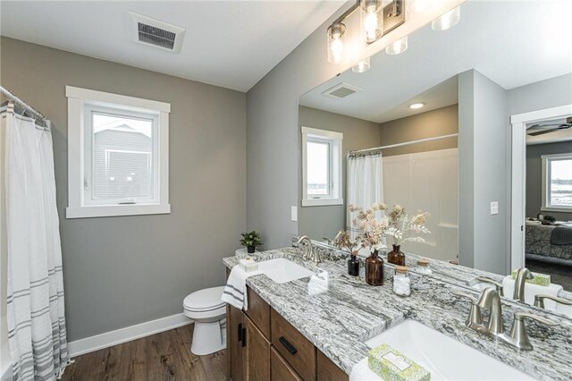 2105 Elk Run Dr SE, Pine Island, MN 55963 - ensuite bathroom with double vanity, wood finished floors, and a shower with shower curtain