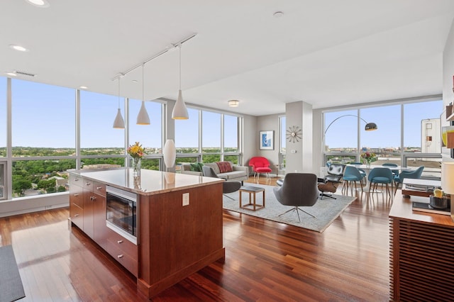 222 2nd St SE Unit 1503, Minneapolis, MN 55414 - kitchen featuring stainless steel microwave, floor to ceiling windows, rail lighting, dark wood-style floors, and plenty of natural light