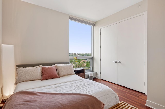 222 2nd St SE Unit 1503, Minneapolis, MN 55414 - bedroom with wood finished floors, a closet, and expansive windows