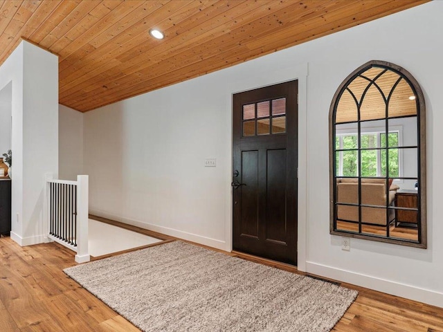 11034 Forest View Ct SW, Nisswa, MN 56468 - foyer entrance with wood ceiling, wood finished floors, and recessed lighting