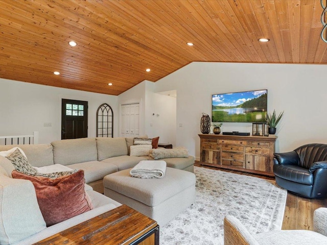 11034 Forest View Ct SW, Nisswa, MN 56468 - living area featuring wood ceiling, lofted ceiling, wood finished floors, and recessed lighting