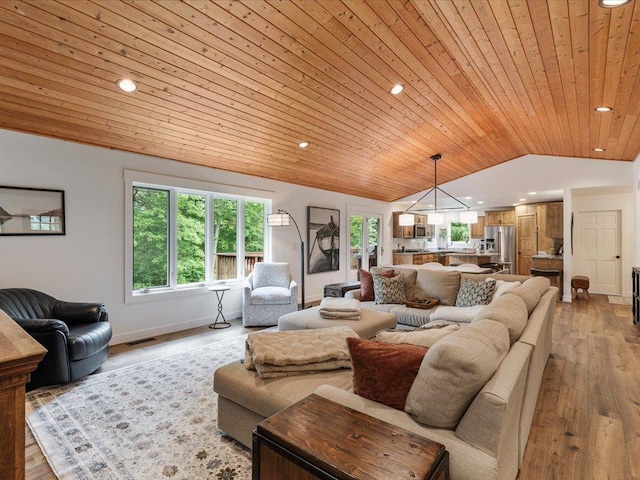 11034 Forest View Ct SW, Nisswa, MN 56468 - living area featuring lofted ceiling, wooden ceiling, healthy amount of natural light, light wood-type flooring, and recessed lighting