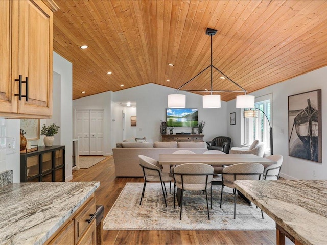 11034 Forest View Ct SW, Nisswa, MN 56468 - dining room featuring wooden ceiling, vaulted ceiling, wood finished floors, and recessed lighting