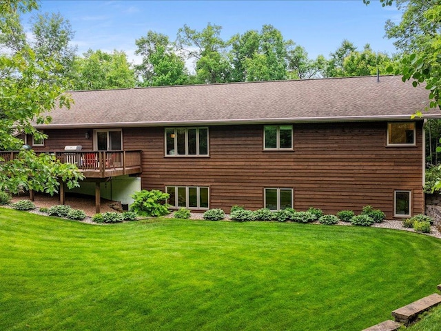 11034 Forest View Ct SW, Nisswa, MN 56468 - rear view of property with a wooden deck, a lawn, and a shingled roof