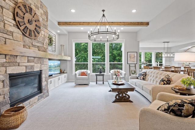 4452 167th Ave NW, Andover, MN 55304 - living room with a chandelier, a stone fireplace, beam ceiling, carpet flooring, and recessed lighting