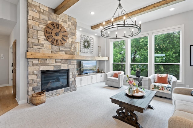 4452 167th Ave NW, Andover, MN 55304 - living area with beamed ceiling, a stone fireplace, recessed lighting, carpet floors, and a chandelier