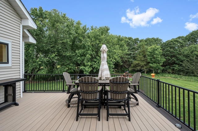 4452 167th Ave NW, Andover, MN 55304 - wooden terrace with outdoor dining space, a lawn, and view of scattered trees