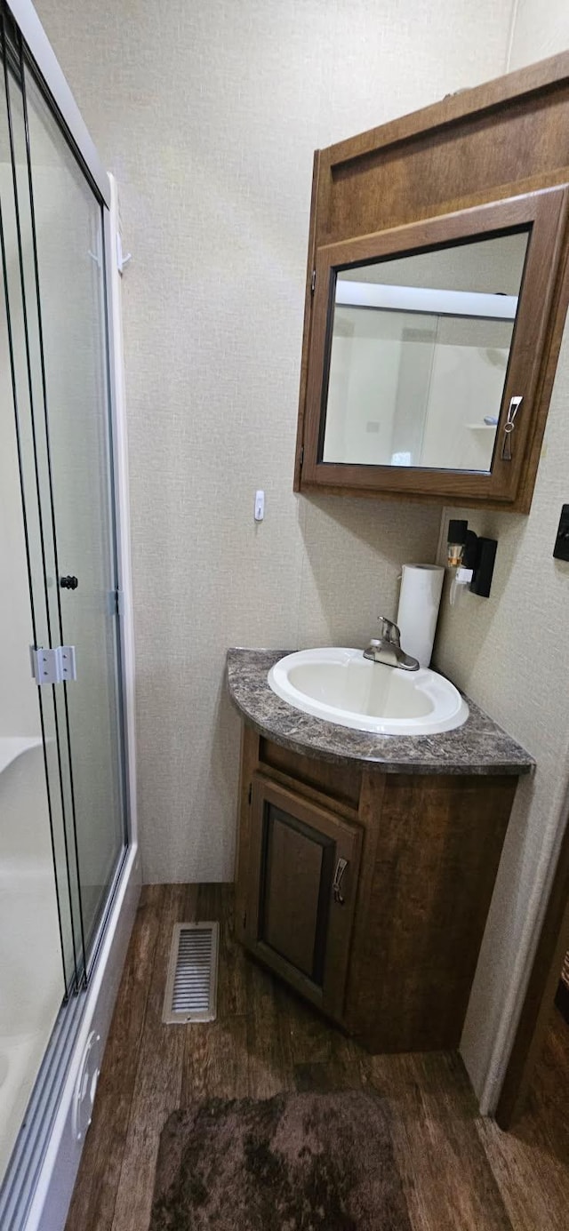 13240 Devils Lake Rd NW Unit 20, Brandon, MN 56315 - full bathroom with wood finished floors, vanity, and a shower with door