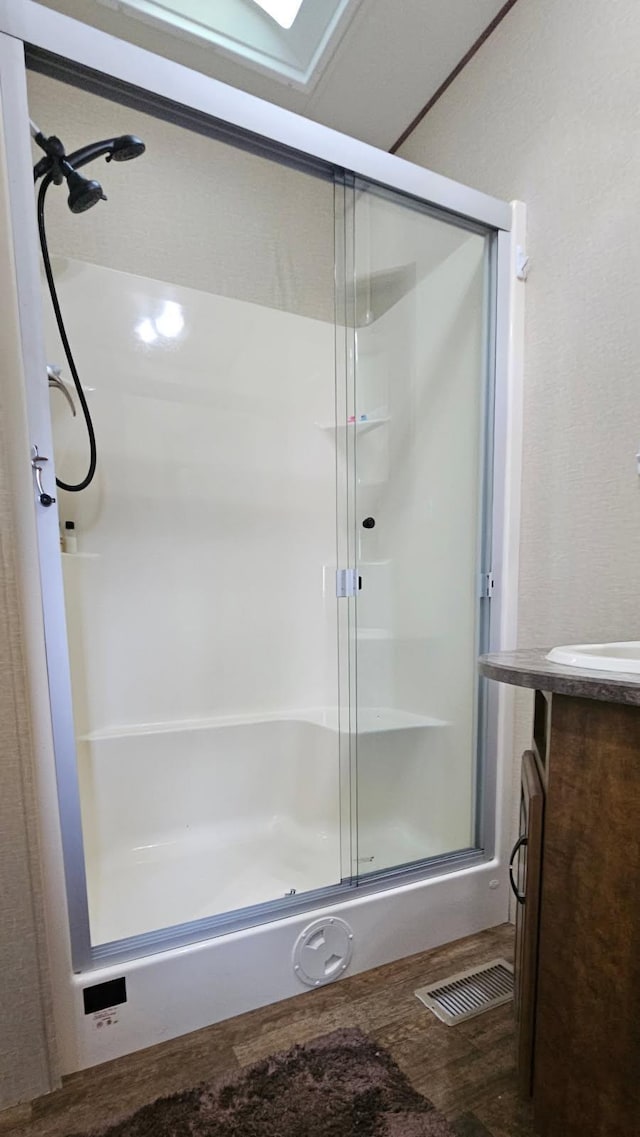 13240 Devils Lake Rd NW Unit 20, Brandon, MN 56315 - full bath with a shower stall, vanity, and wood finished floors