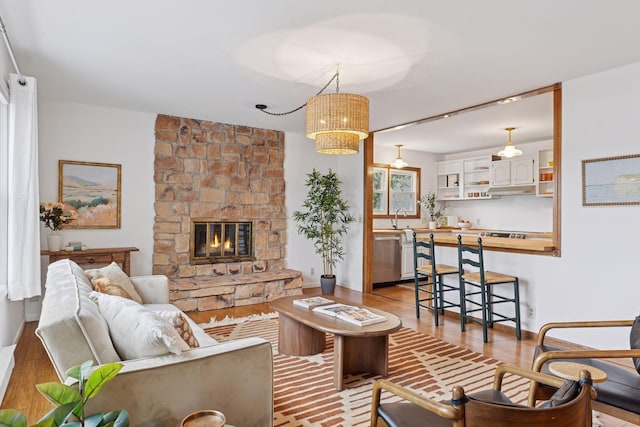 301 3rd St S Unit 302, Stillwater, MN 55082 - living room featuring wood finished floors and a stone fireplace