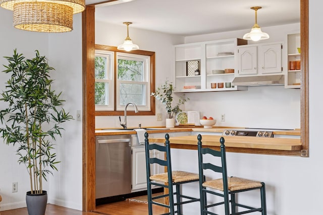 301 3rd St S Unit 302, Stillwater, MN 55082 - kitchen featuring stainless steel dishwasher, under cabinet range hood, white cabinetry, and decorative light fixtures