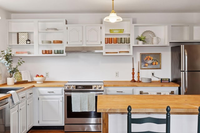 301 3rd St S Unit 302, Stillwater, MN 55082 - kitchen featuring stainless steel appliances, wood counters, open shelves, under cabinet range hood, and white cabinetry