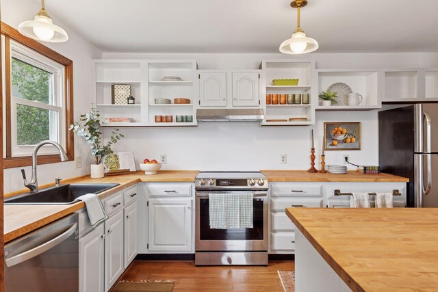 301 3rd St S Unit 302, Stillwater, MN 55082 - kitchen featuring wood counters, stainless steel appliances, open shelves, under cabinet range hood, and dark wood-style floors