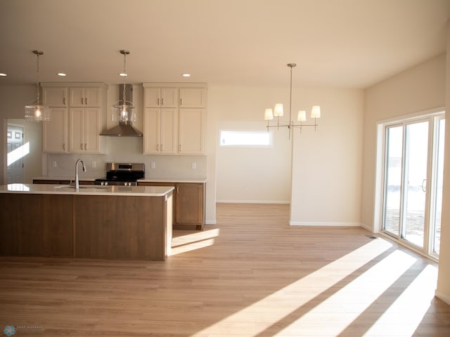 302 Neuman Blvd, Colfax, ND 58018 - kitchen with wall chimney range hood, electric stove, plenty of natural light, recessed lighting, and light wood-type flooring
