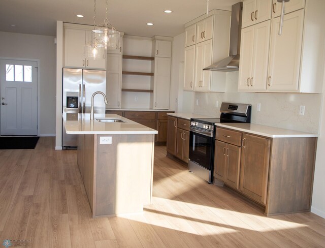302 Neuman Blvd, Colfax, ND 58018 - kitchen with appliances with stainless steel finishes, open shelves, wall chimney range hood, light wood finished floors, and light countertops