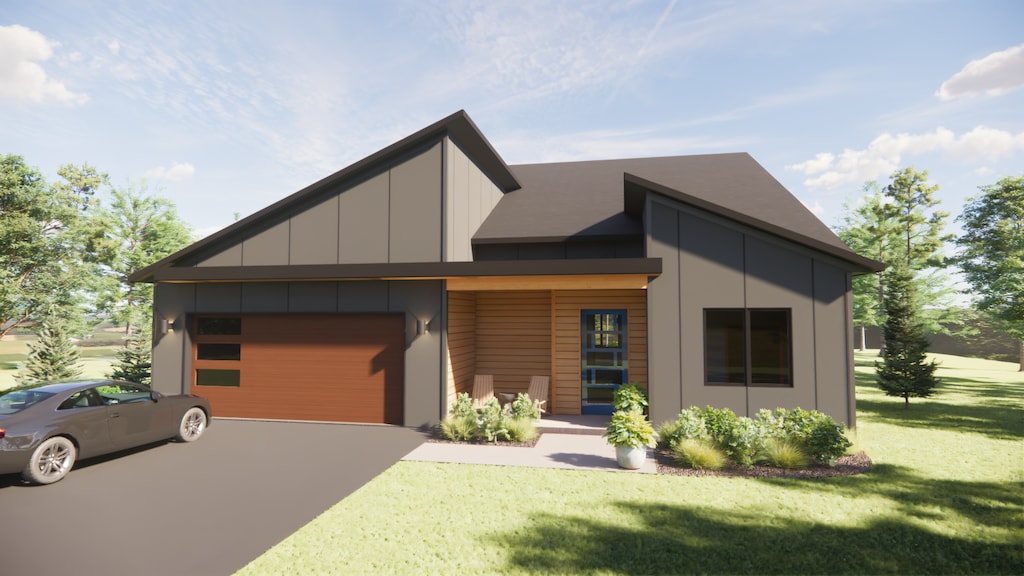 719 Ensconsed Way, Chaska, MN 55318 - modern home with a garage, driveway, board and batten siding, and a front yard