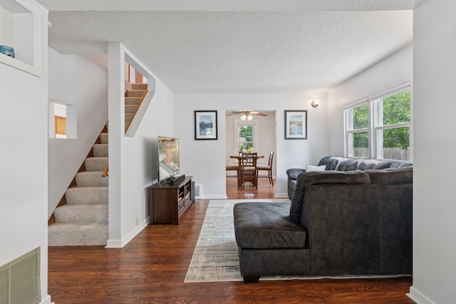 5529 40th Ave S, Minneapolis, MN 55417 - living room featuring wood finished floors, stairway, ceiling fan, and a textured ceiling