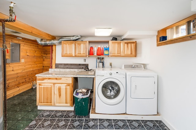 14 3rd St, Proctor, MN 55810 - laundry room featuring cabinet space, electric panel, washing machine and clothes dryer, wooden walls, and dark flooring