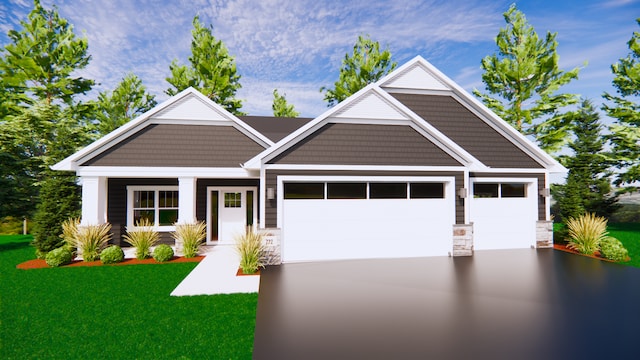 738 Ensconced Way, Chaska, MN 55318 - craftsman inspired home with an attached garage, driveway, a front lawn, and stone siding