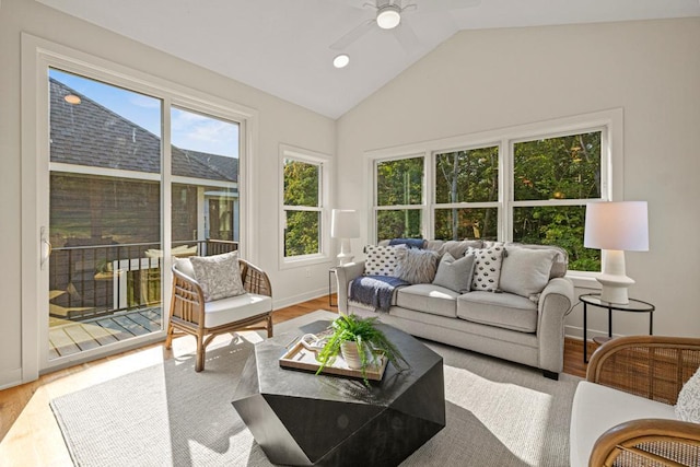 738 Ensconced Way, Chaska, MN 55318 - living room featuring healthy amount of natural light, ceiling fan, vaulted ceiling, and wood finished floors