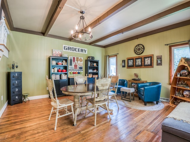 5936 Roosevelt Rd SE, Bemidji, MN 56601 - dining area featuring beamed ceiling, hardwood / wood-style flooring, a chandelier, healthy amount of natural light, and wood walls