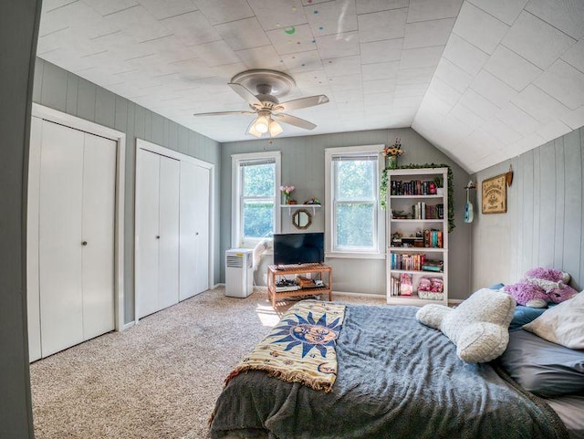 5936 Roosevelt Rd SE, Bemidji, MN 56601 - carpeted bedroom featuring multiple closets, wooden walls, and a ceiling fan