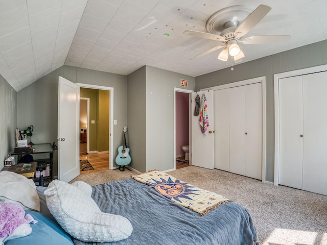 5936 Roosevelt Rd SE, Bemidji, MN 56601 - bedroom with two closets, carpet floors, a ceiling fan, and lofted ceiling