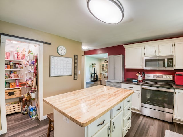 5936 Roosevelt Rd SE, Bemidji, MN 56601 - kitchen featuring stainless steel appliances, wood counters, dark wood-type flooring, a kitchen island, and white cabinets