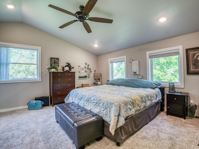 5936 Roosevelt Rd SE, Bemidji, MN 56601 - carpeted bedroom featuring vaulted ceiling, recessed lighting, and a ceiling fan