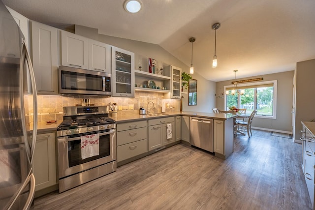 609 Main St E, Wabasha, MN 55981 - kitchen featuring appliances with stainless steel finishes, decorative backsplash, wood finished floors, open shelves, and decorative light fixtures