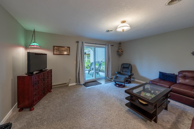 609 Main St E, Wabasha, MN 55981 - living area featuring carpet, a baseboard radiator, and a textured ceiling