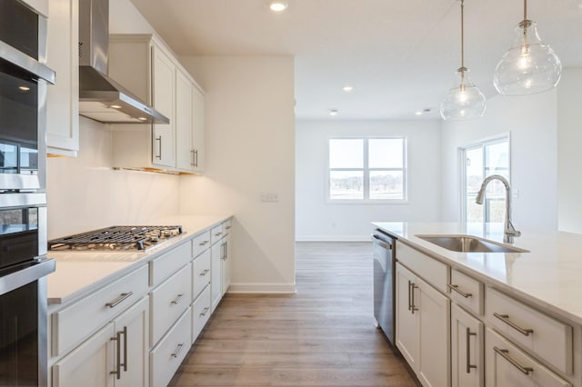 20264 Marsh Ct, Rogers, MN 55311 - kitchen with wall chimney range hood, stainless steel appliances, light wood-style floors, light countertops, and recessed lighting