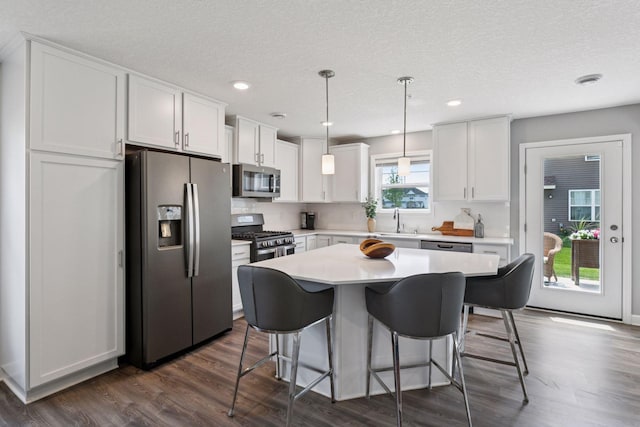 9462 Bridle Way, Victoria, MN 55386 - kitchen featuring appliances with stainless steel finishes, a kitchen breakfast bar, white cabinetry, dark wood-style flooring, and light countertops