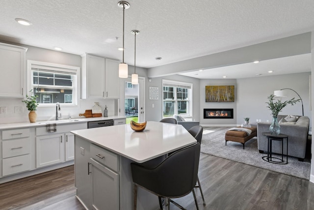 9462 Bridle Way, Victoria, MN 55386 - kitchen featuring a textured ceiling, a glass covered fireplace, light countertops, dark wood-style flooring, and a center island