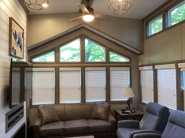 14275 Schuelke Beach Rd NW, Miltona, MN 56354 - living area with ceiling fan and high vaulted ceiling