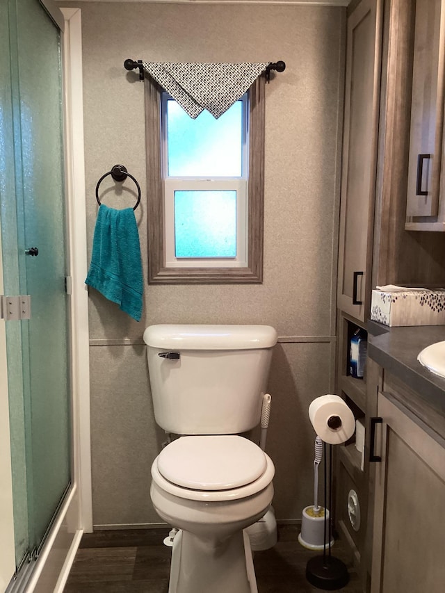 14275 Schuelke Beach Rd NW, Miltona, MN 56354 - bathroom with wood finished floors, vanity, and a shower with door