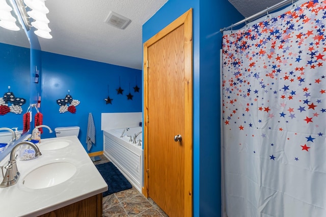 42118 Lowden Ave, Sunrise Twp, MN 55032 - bathroom featuring a textured ceiling, a bath, double vanity, and a shower with curtain