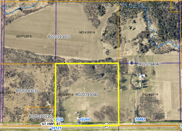 10244 State Highway 87, Blueberry Twp, MN 56464 - aerial map of property and surrounding area with property boundaries highlighted