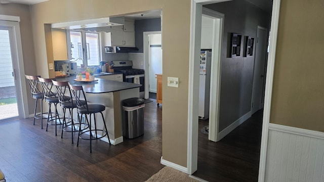 524 1st Ave SE, Wells, MN 56097 - kitchen with gas range, dark wood-type flooring, healthy amount of natural light, and a breakfast bar area