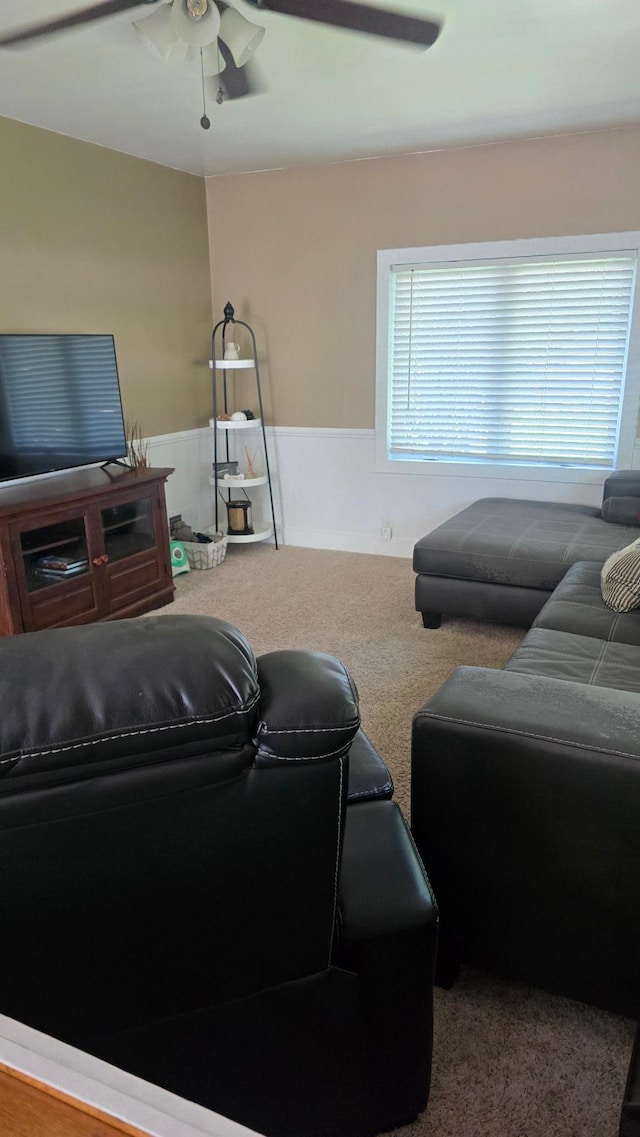 524 1st Ave SE, Wells, MN 56097 - carpeted living area with ceiling fan and wainscoting