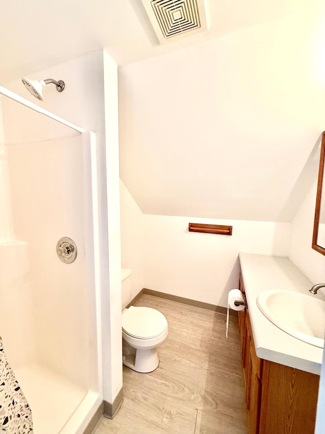 2112 Manitou Ave, Saint Paul, MN 55119 - full bath with a stall shower, vanity, lofted ceiling, and wood finished floors