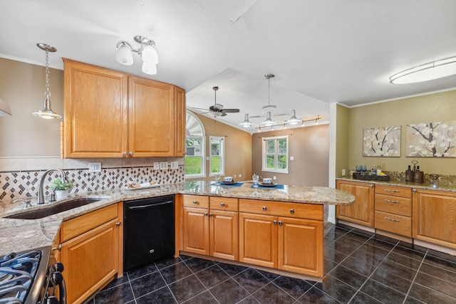6636 Lancaster Ln N, Maple Grove, MN 55369 - kitchen featuring dishwasher, a peninsula, range with gas stovetop, ornamental molding, and ceiling fan