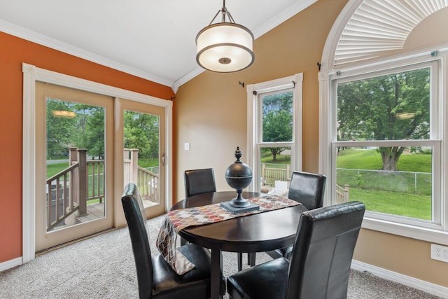 6636 Lancaster Ln N, Maple Grove, MN 55369 - carpeted dining room featuring plenty of natural light and crown molding