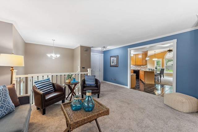 6636 Lancaster Ln N, Maple Grove, MN 55369 - living room featuring crown molding, dark colored carpet, a chandelier, ceiling fan, and dark tile patterned flooring
