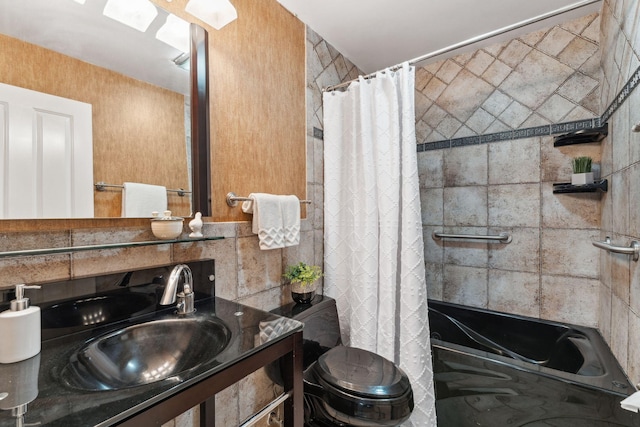 6636 Lancaster Ln N, Maple Grove, MN 55369 - bathroom with shower / bathtub combination with curtain and vanity