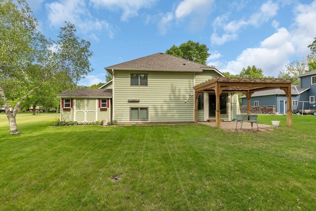 1805 7th Ave N, Sartell, MN 56377 - back of property with a pergola, a patio area, a yard, and a shingled roof