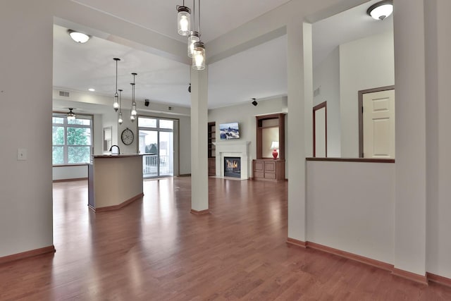 17417 72nd Ave N Unit 205, Maple Grove, MN 55311 - unfurnished living room with ceiling fan, wood finished floors, and a glass covered fireplace